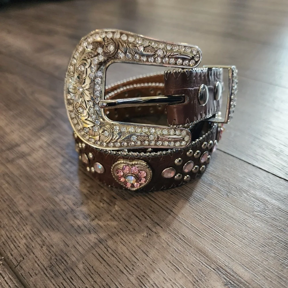 Nocona Girls Pink Heart Concho Belt Brown Western Rhinestone - N4425202